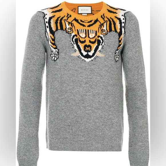 Gucci Sweaters - Vintage Gucci Tiger Wool Sweater – Made in Italy Grey Knit Pullover